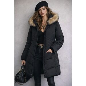 Centigrade Goose Down Jacket Womens S Black Faux Fur Longline Y2K Parka Coat